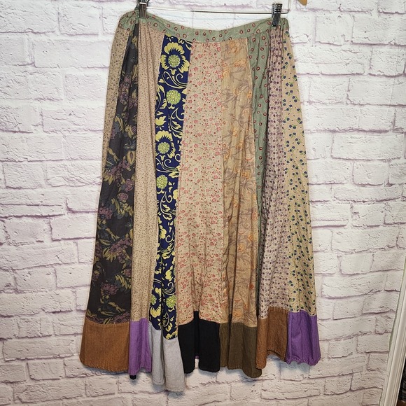 Blue Sky Mixed Patchwork Hippie Boho Cottagecore Festival Maxi Skirt Sz Large - Picture 2 of 13